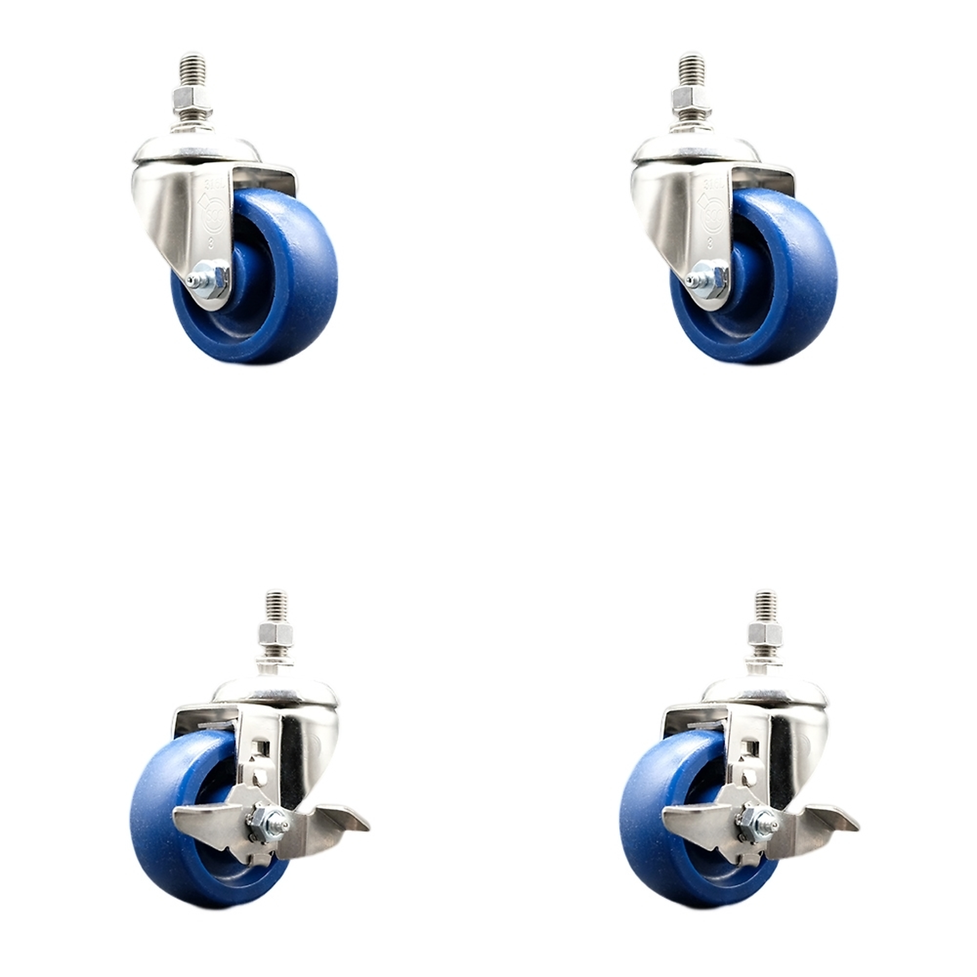 Service Caster, 3in. x 1 1/4in. Stem Casters, Wheel Diameter 3 in, Caster Type Swivel, Package (qty.) 4, Model# SS316TS20S314-SPUS-121315-2-TLB-2